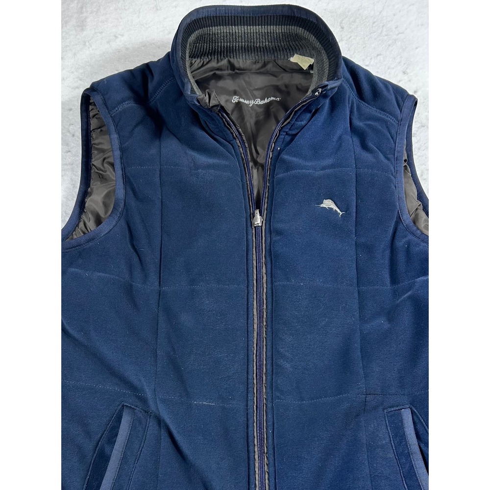 Tommy Bahama Mens Navy Blue Fleece Quilted Full Zip Marlin Logo Vest Size S